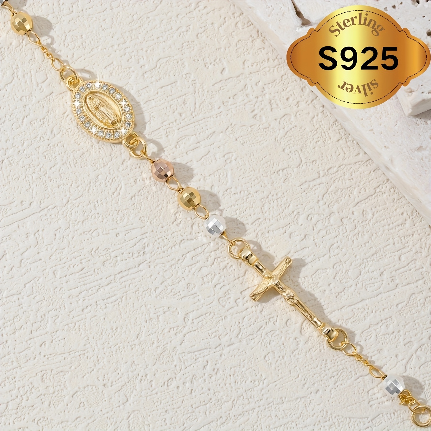 S925 Silver Virgin Mary Cross Rosary Bracelet